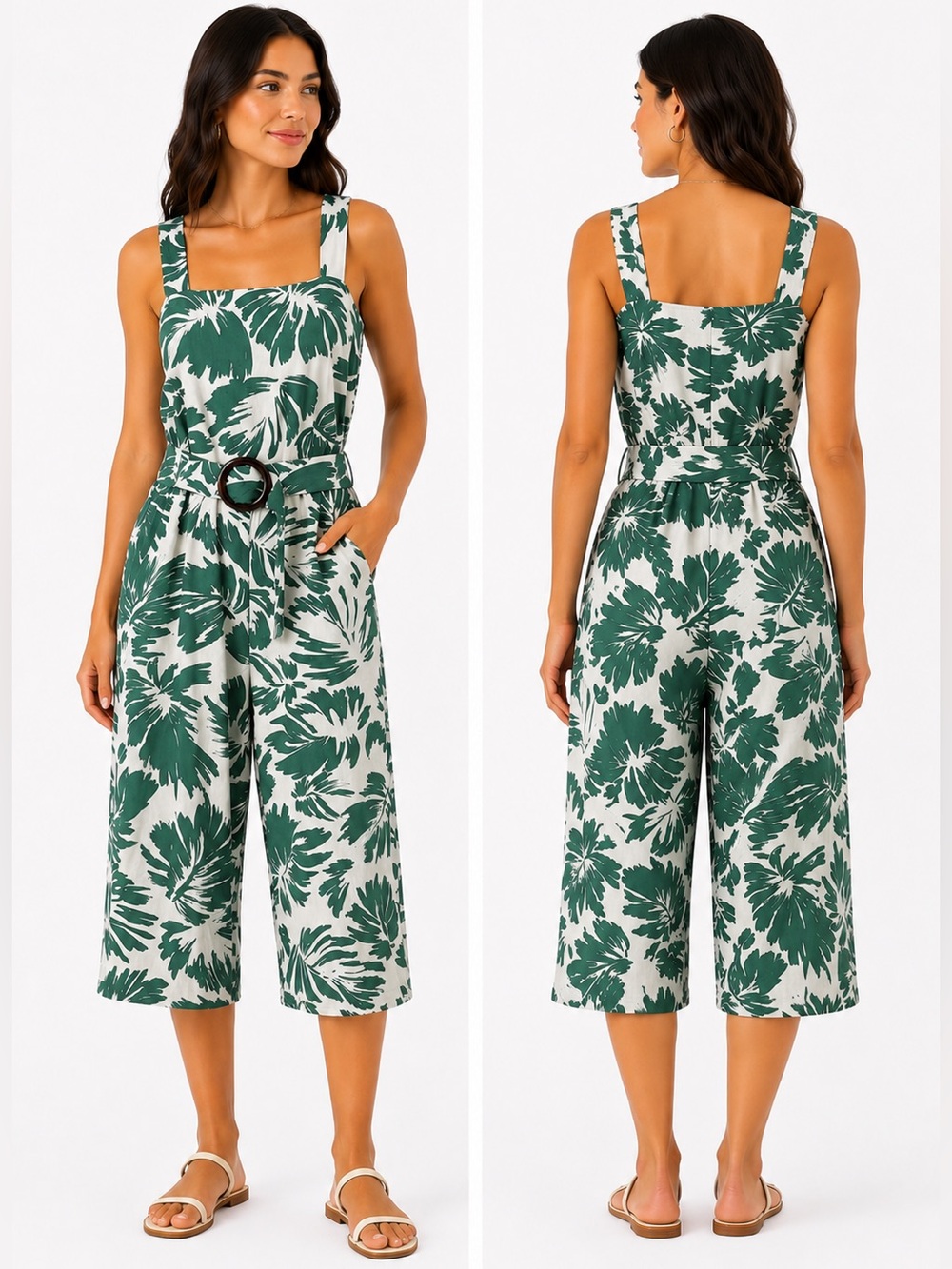 Monteau Green White Leaf Print Belted Wide Leg Capri Jumpsuit Romper Linen Large
